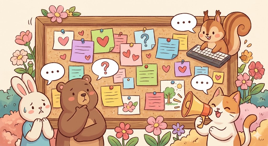 動物たちが森で楽しく交流する、真心マッチの婚活相談掲示板のトップイラスト(AI生成イメージ)