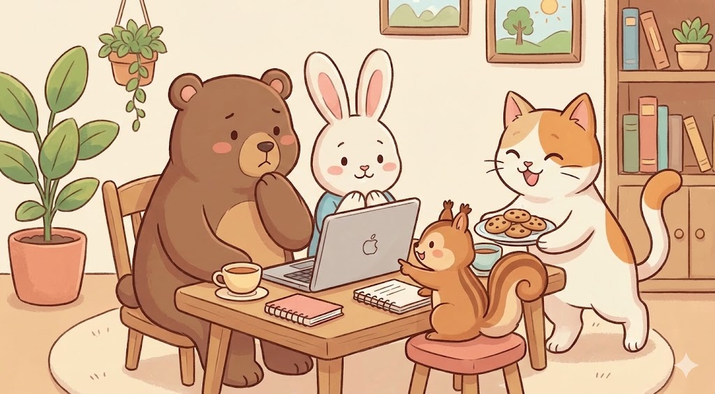 動物たちがお家で楽しく交流する、真心マッチの婚活相談掲示板のトップイラスト（AI生成イメージ）