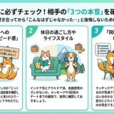 付き合う前に相手の3つの本音を確認するための動物キャラクターイラストのインフォグラフィック（AI生成イメージ）