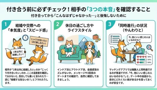 付き合う前に相手の3つの本音を確認するための動物キャラクターイラストのインフォグラフィック（AI生成イメージ）