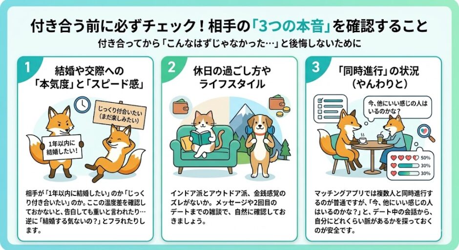 付き合う前に相手の3つの本音を確認するための動物キャラクターイラストのインフォグラフィック（AI生成イメージ）