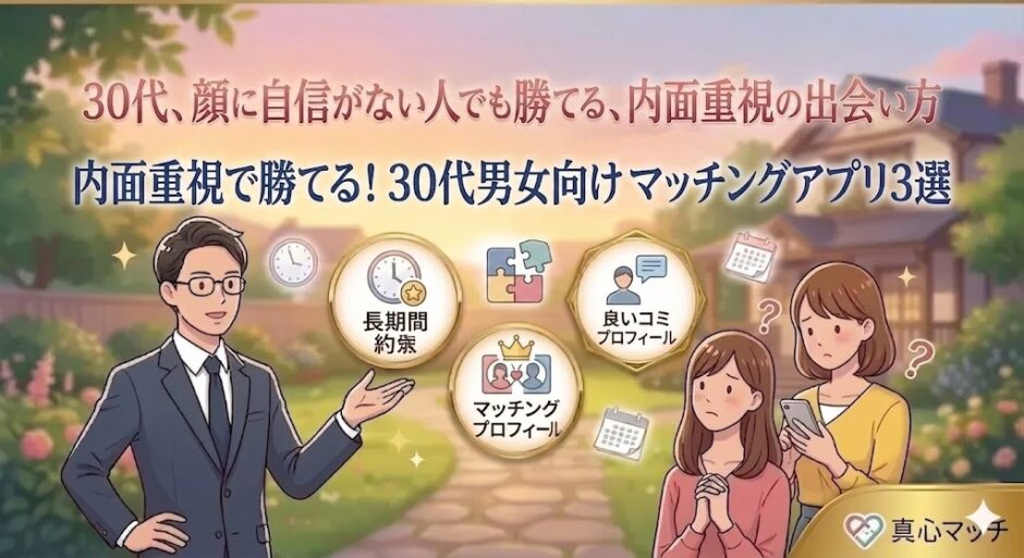 30代で顔に自信がない人向け！内面重視で勝てるマッチングアプリ3選のアイキャッチ画像（AI生成イメージ）