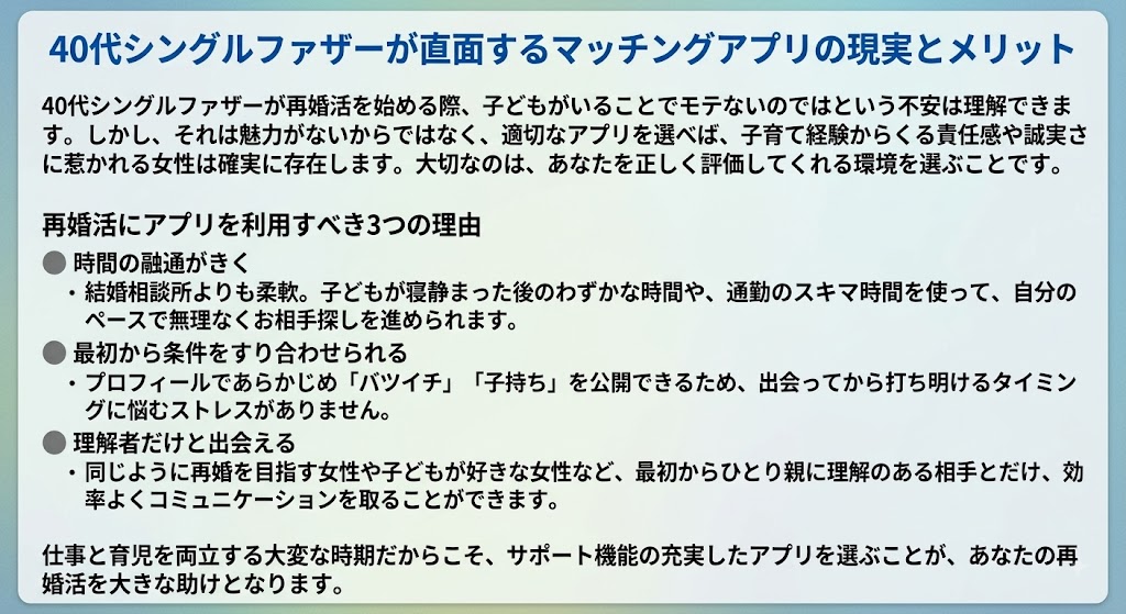 真心マッチが解説する、40代シングルファザーのマッチングアプリ（再婚活）における現実と、3つのメリット（時間の融通、条件のすり合わせ、理解者との出会い）をまとめたインフォグラフィック（AI生成イメージ）
