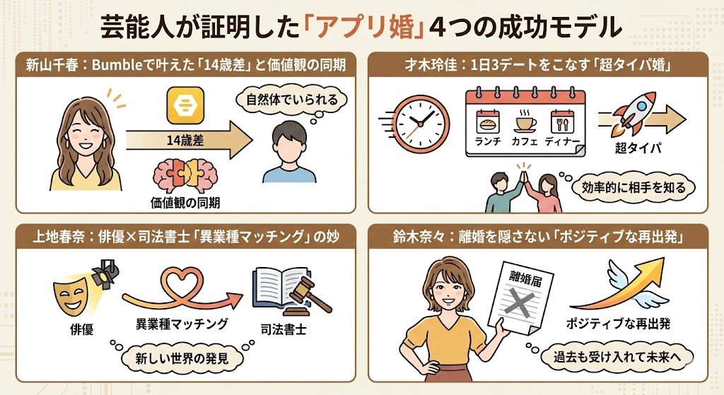 芸能人が証明した「アプリ婚」4つの成功モデルを説明した図解