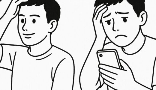 鏡を見て髪形を整える男性と、スマホを見て落ち込む男性を描いた2コマの白黒線画イラスト。婚活で外見に不安を抱える様子を表現。