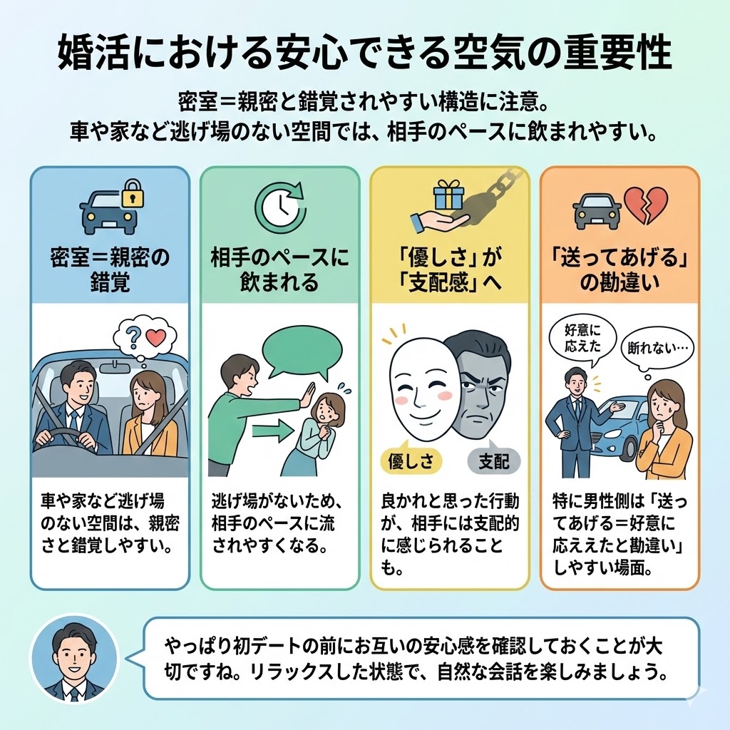 婚活における安心できる空気の重要性について理由を説明した図解