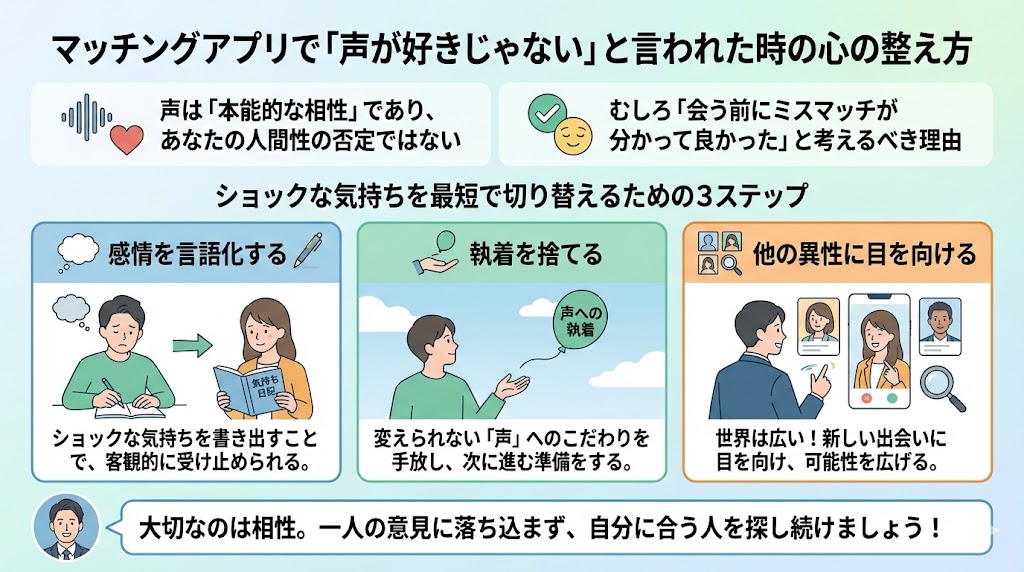 マッチングアプリで声が好きじゃないと言われた時の対処法を説明した図解