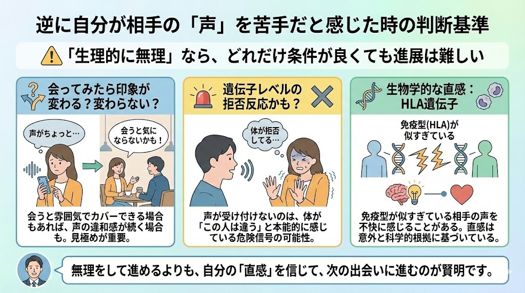 マッチングアプリで逆に相手の声が好きじゃないと思った時の判断基準を説明した図解