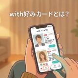 「with好みカードとは？」という文字と、スマホでマッチングアプリwith（ウィズ）の画面を見る男性のイラスト（AI生成イメージ）