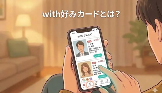 「with好みカードとは？」という文字と、スマホでマッチングアプリwith（ウィズ）の画面を見る男性のイラスト（AI生成イメージ）