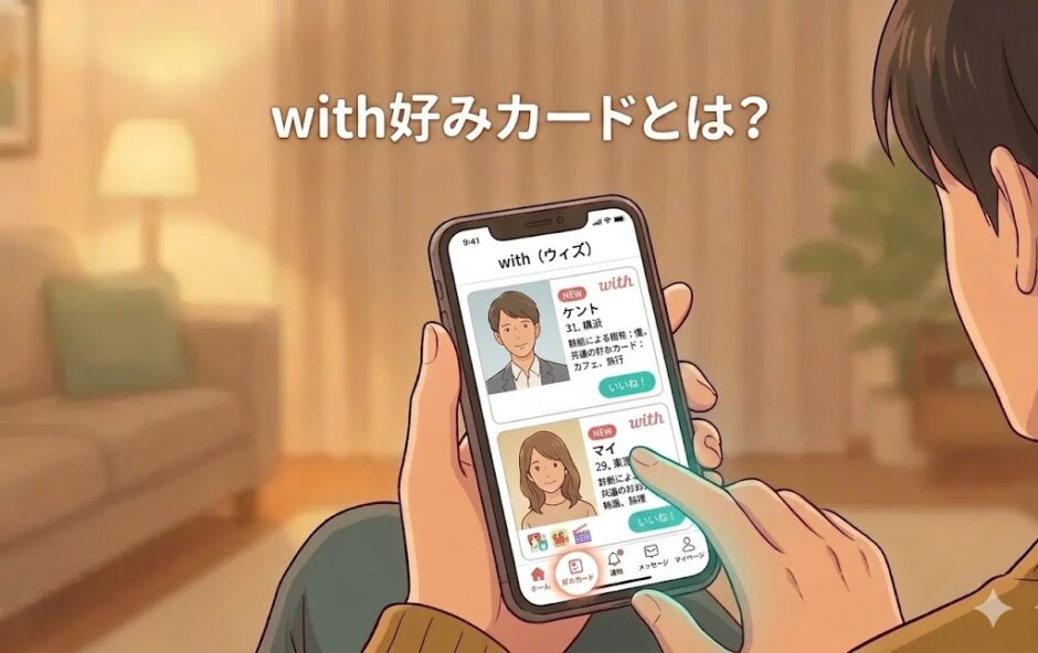 「with好みカードとは？」という文字と、スマホでマッチングアプリwith（ウィズ）の画面を見る男性のイラスト（AI生成イメージ）