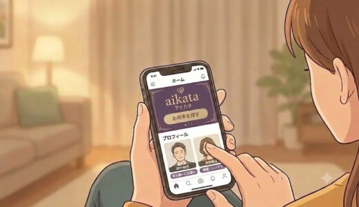 スマホで婚活アプリ「aikata」のプロフィール画面を操作している手元のイラスト（AI生成イメージ）