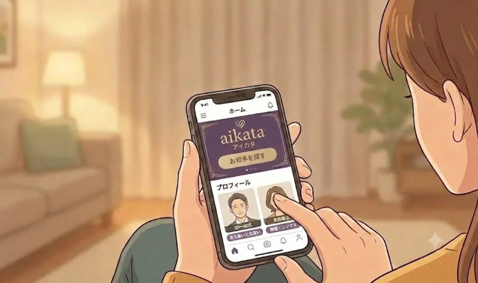 スマホで婚活アプリ「aikata」のプロフィール画面を操作している手元のイラスト（AI生成イメージ）