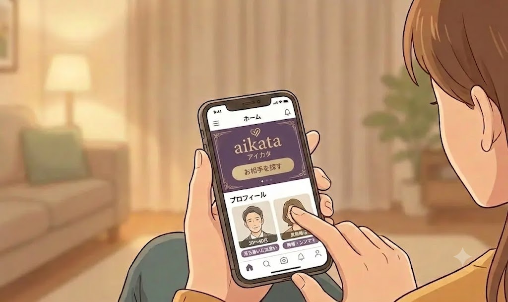スマホで婚活アプリ「aikata」のプロフィール画面を操作している手元のイラスト（AI生成イメージ）