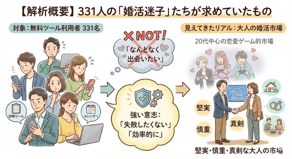 331名の婚活ツール利用者データ解析図解。20代の恋愛ゲーム的市場とは異なる、大人の堅実で真剣な婚活市場のリアルを比較したイラスト（AI生成イメージ）
