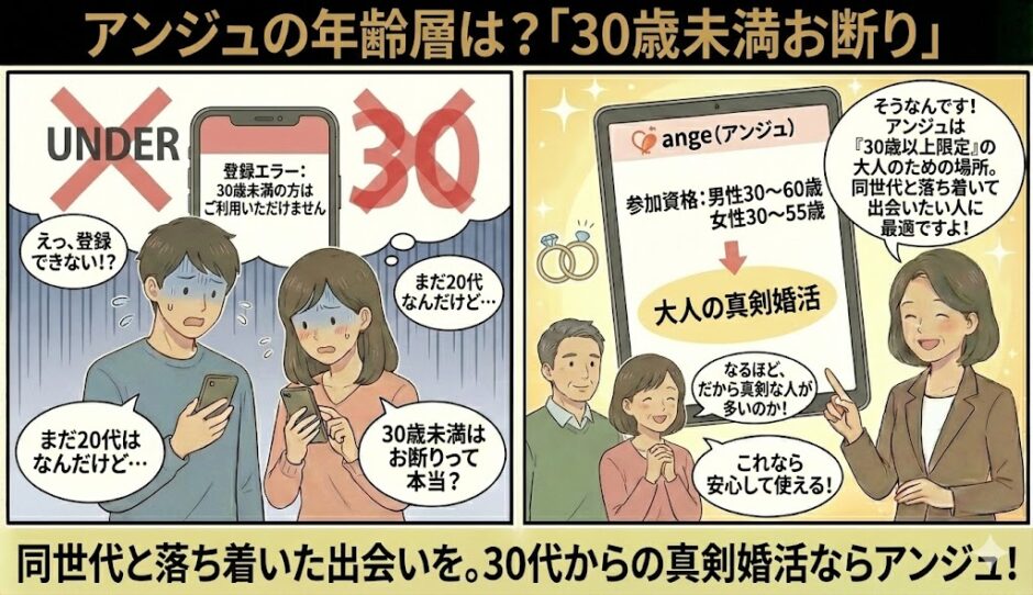 アンジュの「30歳未満お断り」という年齢制限を知って驚く20代の男女に対し、アドバイザーが「30代以上の同世代と落ち着いて出会える大人のための場所」であることを説明して安心させるイラスト（AI生成イメージ）