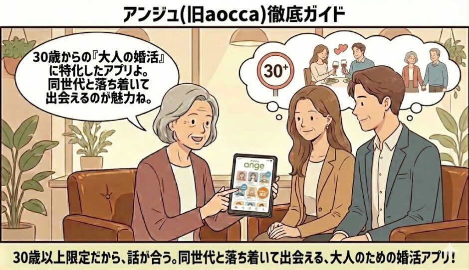 「アンジュ（旧aocca）徹底ガイド」という見出しと共に、30歳以上限定のマークや大人の落ち着いたデート風景を背景に、相談員が30代からの婚活について解説しているイラスト【30歳以上限定アプリ解説】（AI生成イメージ）