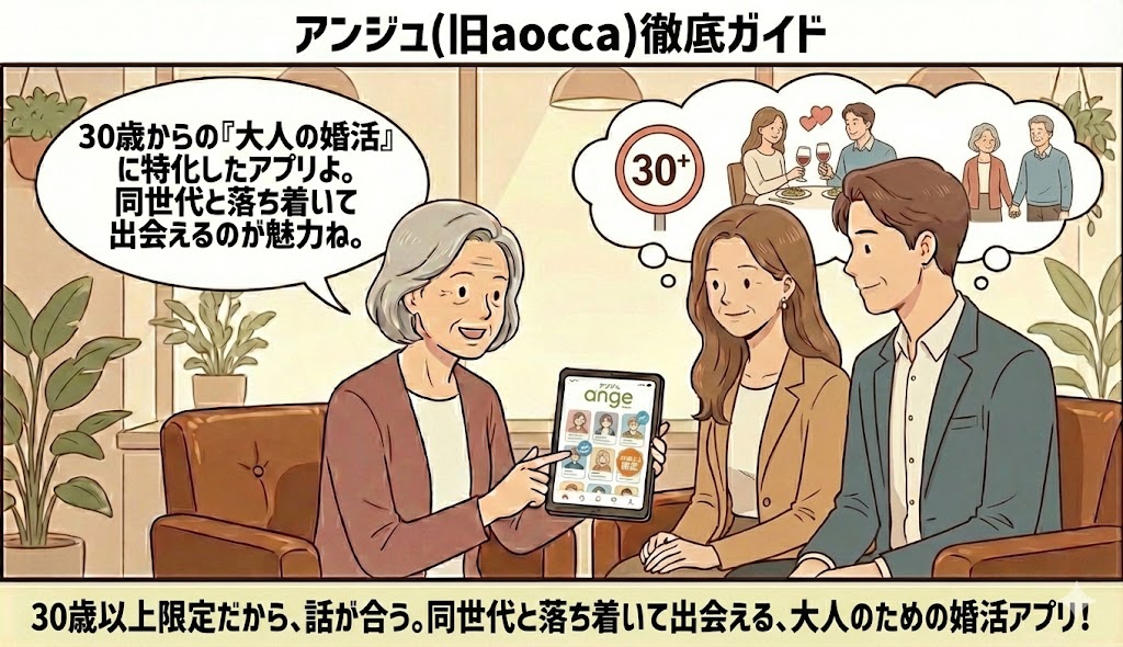 「アンジュ(旧aocca)徹底ガイド」という見出しと共に、30歳以上限定のマークや大人の落ち着いたデート風景を背景に、相談員が30代からの婚活について解説しているイラスト【30歳以上限定アプリ解説】(AI生成イメージ)