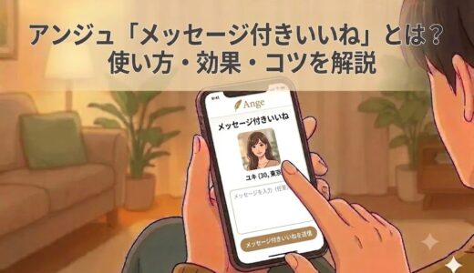 アンジュの「メッセージ付きいいね」画面が表示されたスマートフォンを操作する人のイラスト（AI生成イメージ）