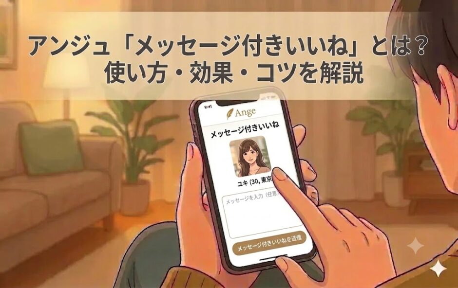 アンジュの「メッセージ付きいいね」画面が表示されたスマートフォンを操作する人のイラスト（AI生成イメージ）