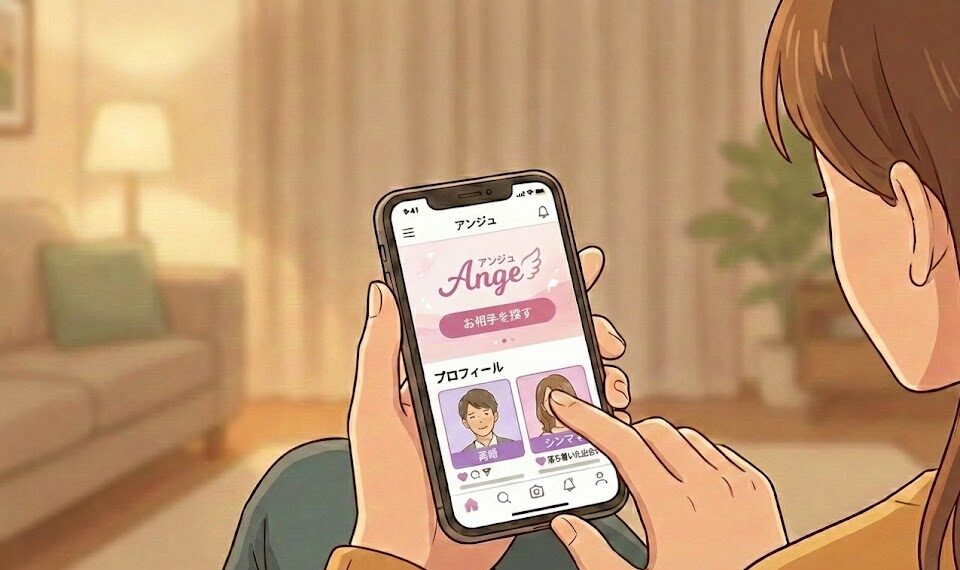 スマホで婚活アプリ「アンジュ」のプロフィール画面を操作している手元のイラスト（AI生成イメージ）