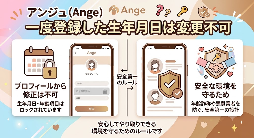 アンジュ(Ange)一度登録した生年月日は変更不可。安全な環境を守るための理由(年齢詐称防止)を解説したインフォグラフィック画像(AI生成イメージ)