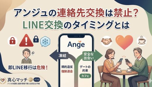 アンジュの連絡先交換とLINE移行のタイミングを解説するアイキャッチ画像。規約違反による凍結リスクと、カフェデートでの安全な出会いを対比させたイラスト（AI生成イメージ）