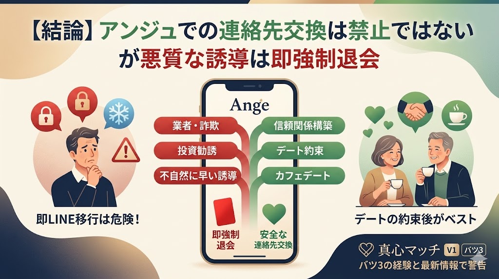アンジュ（Ange）の連絡先交換のルールを解説した図解。「悪質な誘導は即強制退会」という結論とともに、業者の手口（投資勧誘や不自然に早い誘導）と、信頼構築後の安全な交換手順を対比して説明している画像（AI生成イメージ）