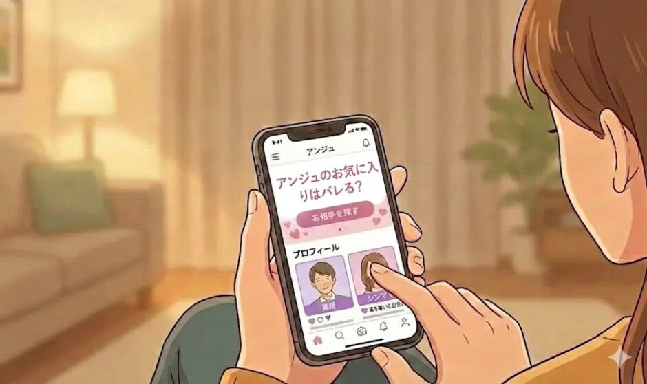 「アンジュのお気に入りはバレる？」というタイトルと、マッチングアプリ「アンジュ」の画面を見ている女性のアイキャッチイラスト（AI生成イメージ）