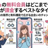 マッチングアプリ『アンジュ』の男性無料会員と有料会員の機能比較イラスト。タイトルは『アンジュの無料会員はどこまで使える？男性が課金するベストなタイミング』。無料の限界（プロフィール閲覧、いいね！制限あり、1通目メッセージ送信）と有料のメリット（メッセージ無制限開封・送信、足あと確認、プレミアム検索）を視覚化（AI生成イメージ）