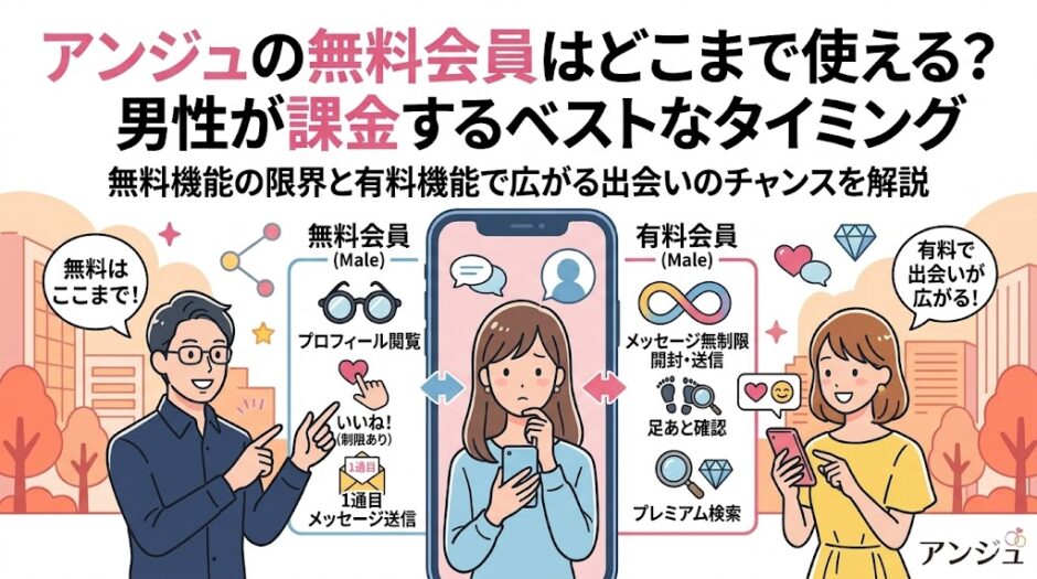 マッチングアプリ『アンジュ』の男性無料会員と有料会員の機能比較イラスト。タイトルは『アンジュの無料会員はどこまで使える？男性が課金するベストなタイミング』。無料の限界（プロフィール閲覧、いいね！制限あり、1通目メッセージ送信）と有料のメリット（メッセージ無制限開封・送信、足あと確認、プレミアム検索）を視覚化（AI生成イメージ）