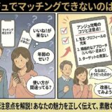 アンジュで「マッチングしない」「いいねが来ない」と悩む男女が、アドバイザーから写真やプロフィールの見直し、積極的なアプローチといった攻略のコツを教わり、前向きに改善しようとするイラスト（AI生成イメージ）