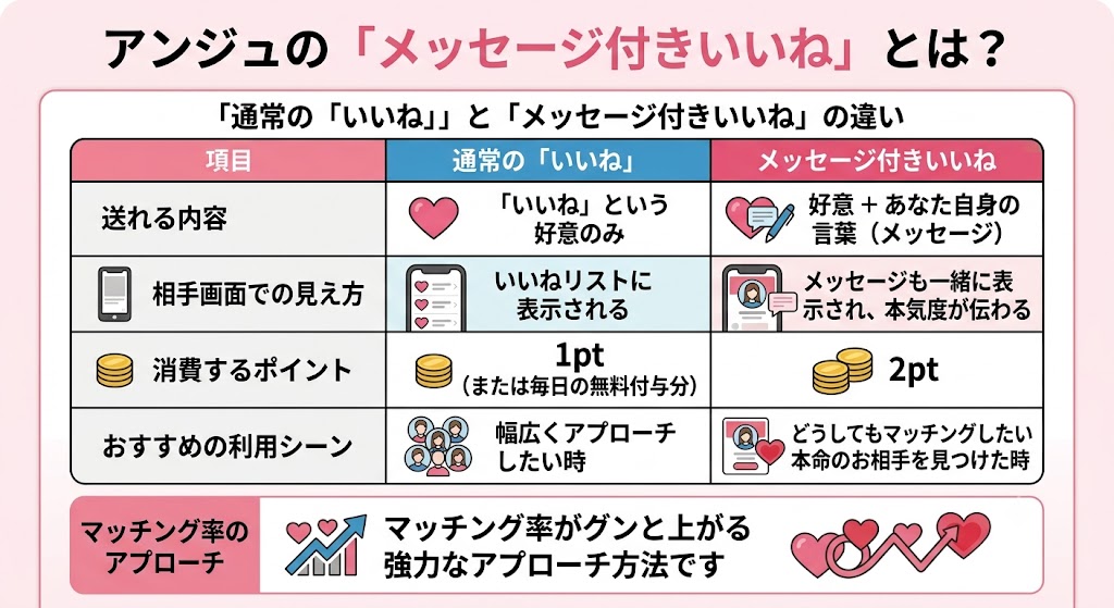 婚活・恋活アプリ「アンジュ」の「メッセージ付きいいね」機能解説図（AI生成イメージ）