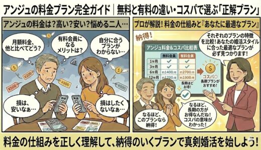 婚活アプリ「アンジュ」の料金プランについて、「高い？安い？」「どの期間で申し込むべき？」と悩む男女に対し、アドバイザーが期間別料金表を用いて「長期プランほど月額が安くなる仕組み」や「無料会員と有料会員の違い」を解説し、コスパの良い選び方を伝授しているイラスト（AI生成イメージ）
