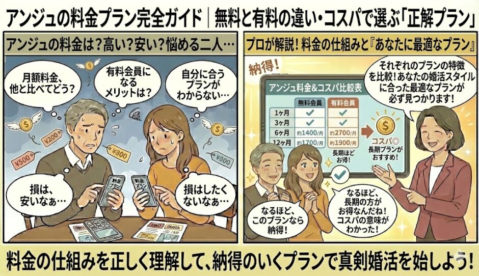 婚活アプリ「アンジュ」の料金プランについて、「高い？安い？」「どの期間で申し込むべき？」と悩む男女に対し、アドバイザーが期間別料金表を用いて「長期プランほど月額が安くなる仕組み」や「無料会員と有料会員の違い」を解説し、コスパの良い選び方を伝授しているイラスト（AI生成イメージ）