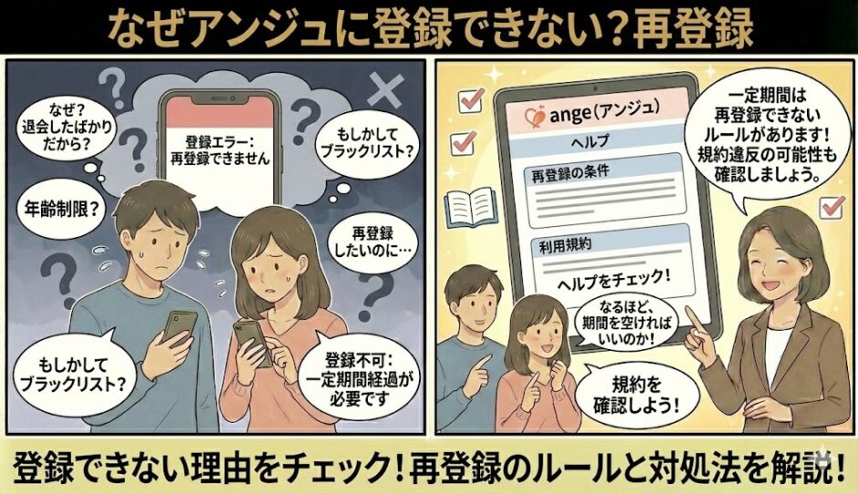 アンジュに登録・再登録できずに「ブラックリストかも？」「退会直後だから？」と焦る男女が、アドバイザーから「一定期間空ける必要がある」というルールや規約について教わり、対処法を理解して安心しているイラスト（AI生成イメージ）