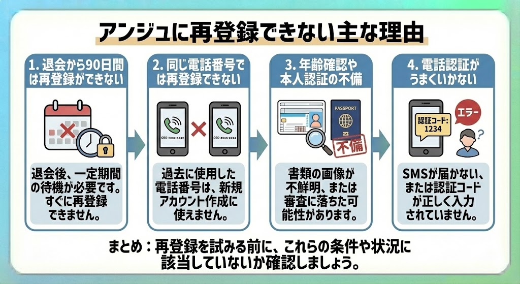 アンジュに再登録できない主な理由を説明した図解