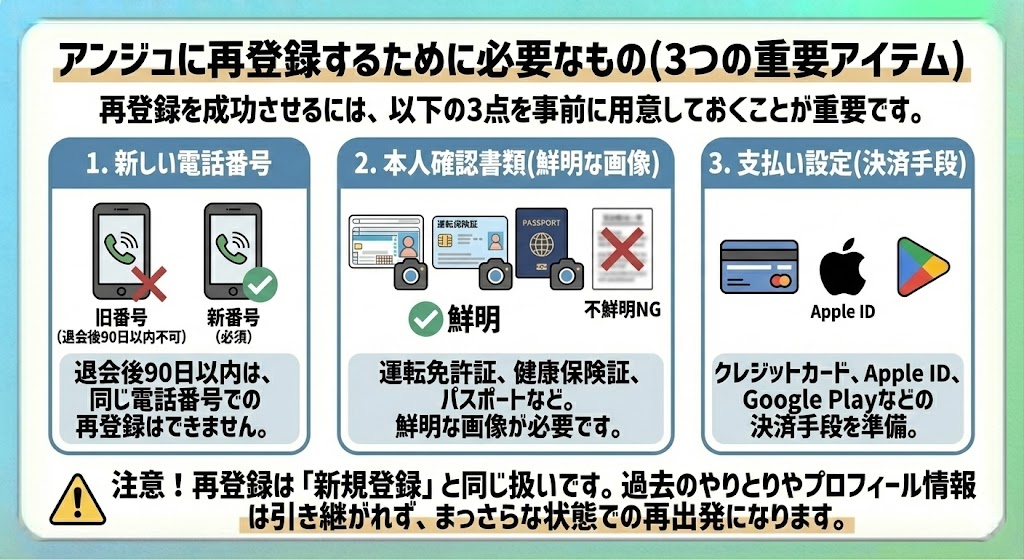 アンジュに再登録するために必要なものを説明した図解