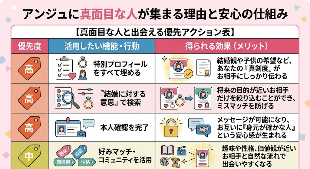 アンジュの安全システムと、真面目な出会いを見つけるための機能活用アクション表（AI生成イメージ）