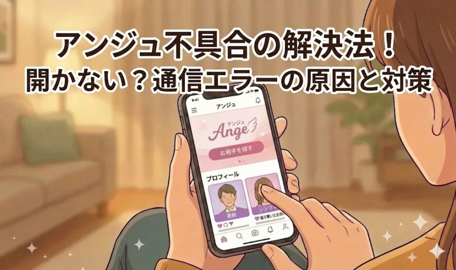 アンジュの不具合解決法を解説するアイキャッチ画像。スマートフォンでアンジュの画面を操作しているイラストに、「アンジュ不具合の解決法！開かない？通信エラーの原因と対策」という文字が入っています。（AI生成イメージ）