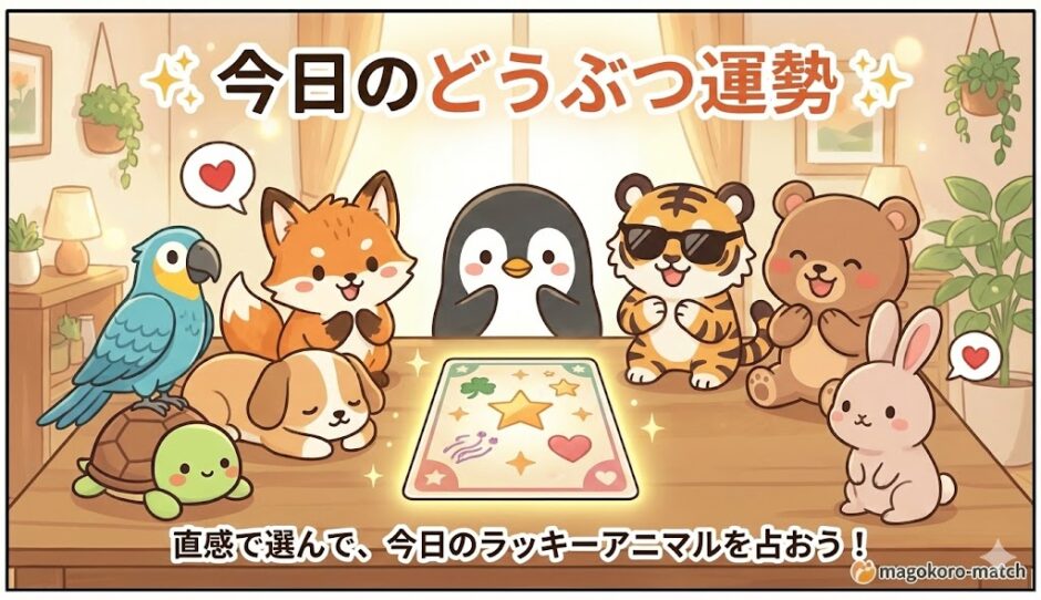 ペンギン、キツネ、トラ、ウサギなど可愛い動物たちが、光る運命のカードを囲んでワクワクしているイラスト。直感でカードを選んでクリックし、今日のラッキーアニマルや恋愛運のアドバイスを占うための画像