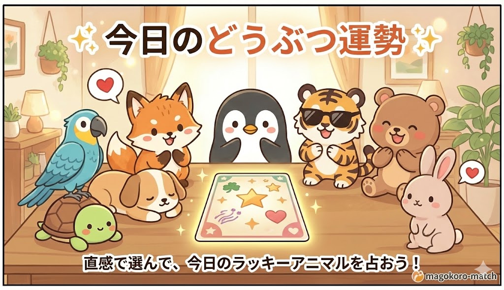 ペンギン、キツネ、トラ、ウサギなど可愛い動物たちが、光る運命のカードを囲んでワクワクしているイラスト。直感でカードを選んでクリックし、今日のラッキーアニマルや恋愛運のアドバイスを占うための画像