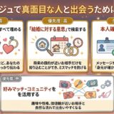 マッチングアプリ「Anje（アンジュ）」で真面目な人と出会うための4つのコツを解説するインフォグラフィック（AI生成イメージ）