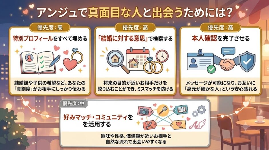 マッチングアプリ「Anje（アンジュ）」で真面目な人と出会うための4つのコツを解説するインフォグラフィック（AI生成イメージ）