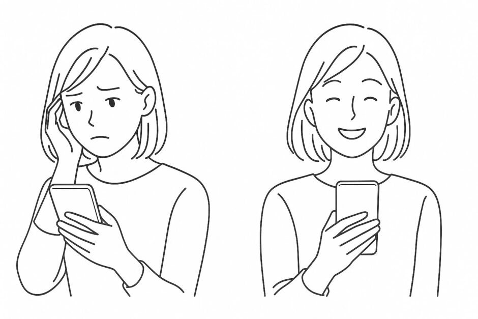 スマホを見ながら悩む女性と、メッセージ送信後にスッキリした表情の女性を描いた2コマの横長線画イラスト