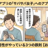 マッチングアプリで「サバサバ女子」へのアプローチに悩み遠回しな表現をする男性と、直球で誠実な誘い方がベストだと教える相談員のイラスト【男性向け攻略法アイキャッチ】（AI生成イメージ）