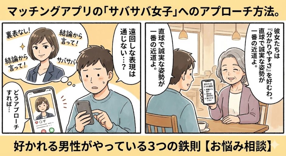 マッチングアプリで「サバサバ女子」へのアプローチに悩み遠回しな表現をする男性と、直球で誠実な誘い方がベストだと教える相談員のイラスト【男性向け攻略法アイキャッチ】（AI生成イメージ）