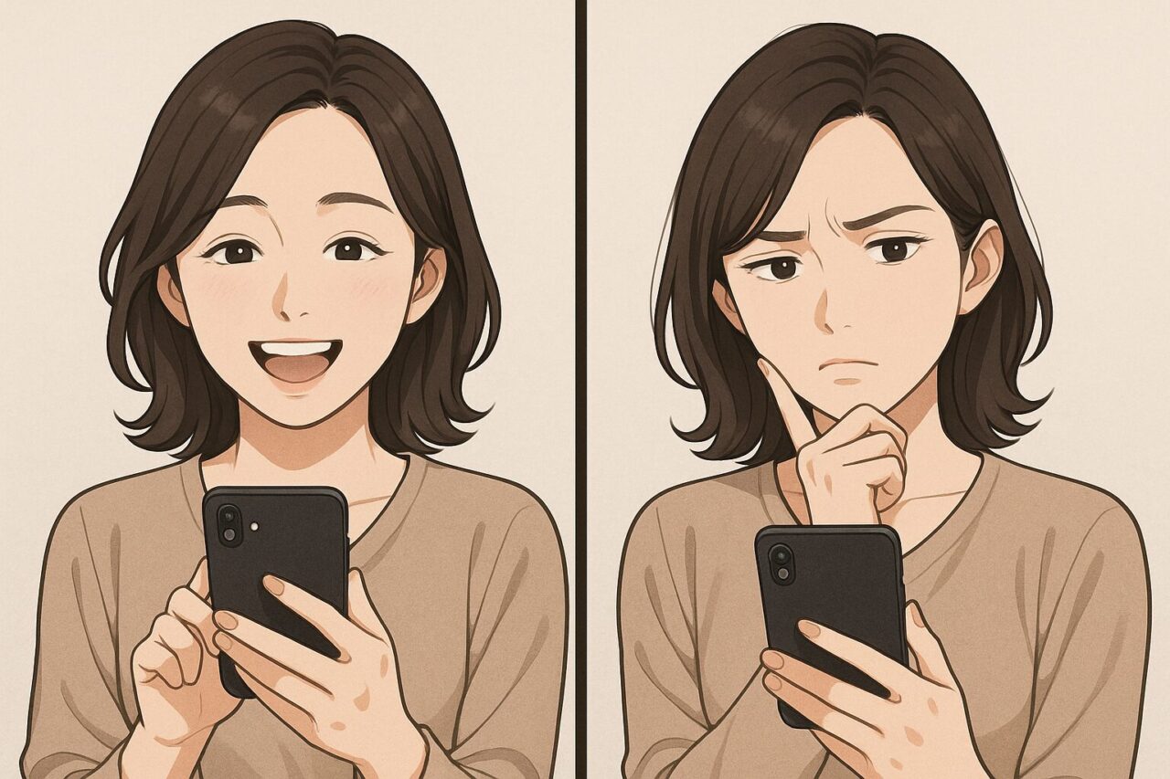 マッチングアプリで芸人からメッセージが届き、嬉しそうにスマホを見る30代女性と、不審に思い疑いの表情を浮かべる30代女性の2コマイラスト