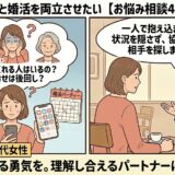 親の介護と婚活の両立に悩み、時間や相手の理解について不安を感じている40代女性の相談イラスト【2コマ漫画アイキャッチ】（AI生成イメージ）