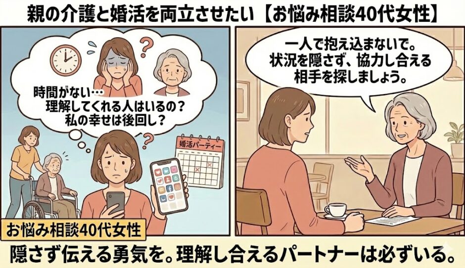 親の介護と婚活の両立に悩み、時間や相手の理解について不安を感じている40代女性の相談イラスト【2コマ漫画アイキャッチ】（AI生成イメージ）